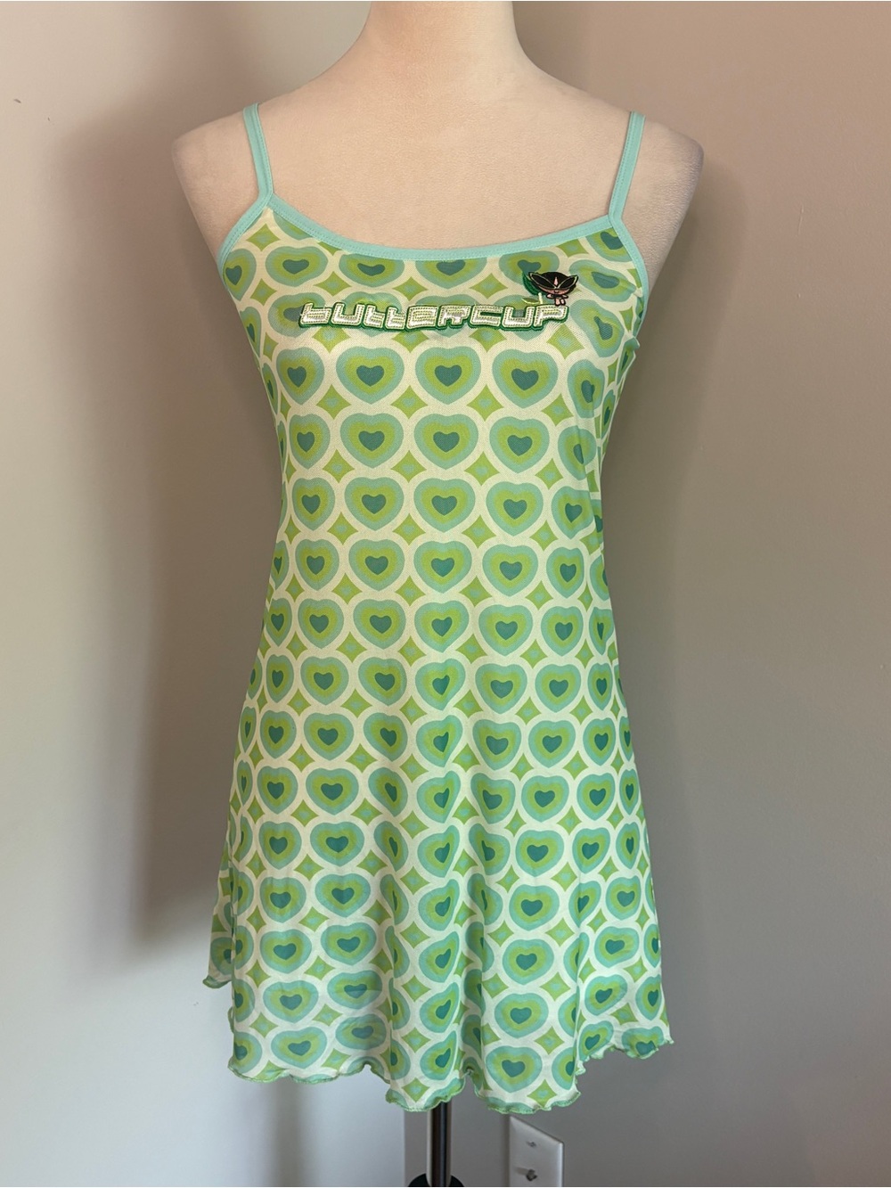 Dolls Kill & Powerpuff Girls Buttercup Green Heart Print Mini Dress